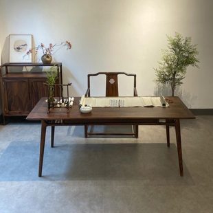 全实木茶桌北美黑胡桃木餐桌长方形桌子家用餐厅饭桌纯实木大板桌