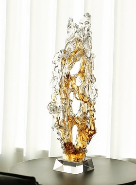 琉璃发财树摆件太湖石现代简约客厅样板间酒店博古U架桌面装饰送