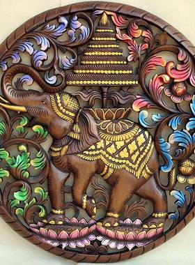 泰国工艺品镂空实木圆形大象雕花板挂板东南亚复古装饰品花藤壁饰