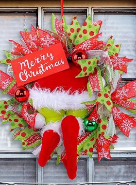 热卖格林奇腿花环门挂2025晶辰新款圣诞节装饰品绿毛怪挂饰