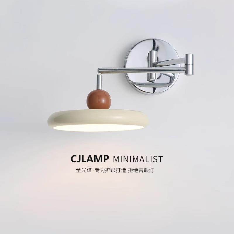 法式奶油风摇臂壁灯卧室床头灯免布线接线带插头中古可旋转长臂灯