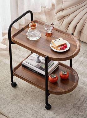 现代简约胡桃色沙发旁置物架北欧小茶几桌带轮可移动家用客厅边几