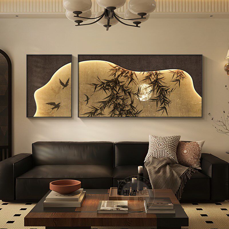 中古风墨竹客厅i装饰画高级感竹子沙发背景墙挂画法式复古组合壁