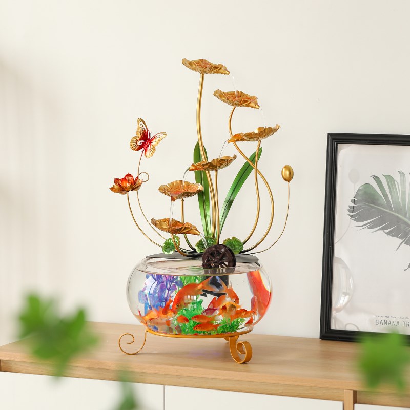 铁艺荷花招财玻璃养m鱼缸流水摆件循环水办公室创意乔迁搬家礼物