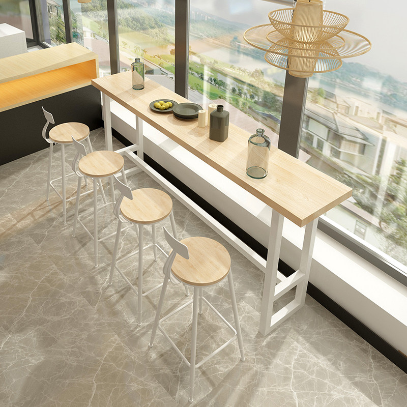简约风铁艺实木家用吧台桌靠墙长条咖啡厅奶茶店高脚酒吧桌椅组合