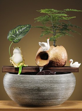 流水摆件循环水招财鱼缸陶罐喷泉生财客厅办公室桌面装饰开业礼品