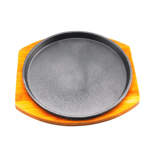 牛排铁板烧盘商用餐厅不粘煎牛扒烤肉盘加厚竹木底座圆形铸铁盘子