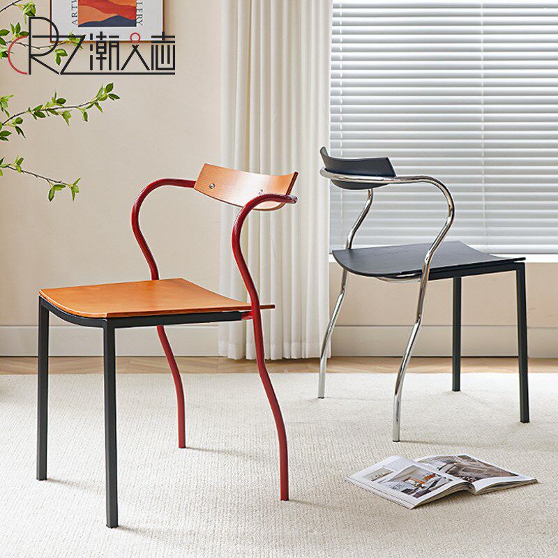中古不锈钢餐椅实木靠背椅子家用轻奢简约网红设计师休闲餐桌椅子