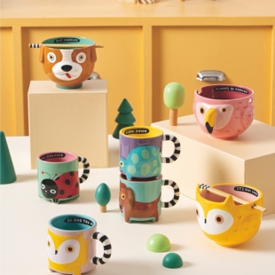 桃子桃丑萌系列卡通风可爱动物造型陶瓷泡面碗筷套装萌系面条碗