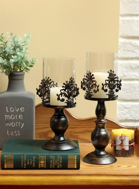 欧式复古黑色做旧铁艺玻璃烛台餐桌氛围感罗M马柱节日家居装饰摆