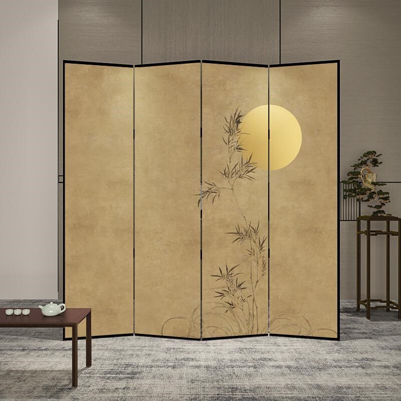 中式淡雅意境屏风隔断折叠移动客厅酒店装饰水墨竹子月圆折屏