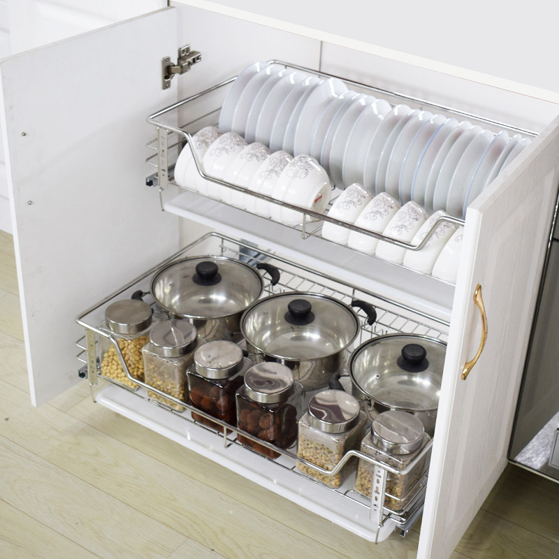 厨房橱柜拉篮304不锈钢双层缓冲抽屉式实心碗篮厨柜调味收纳碗架