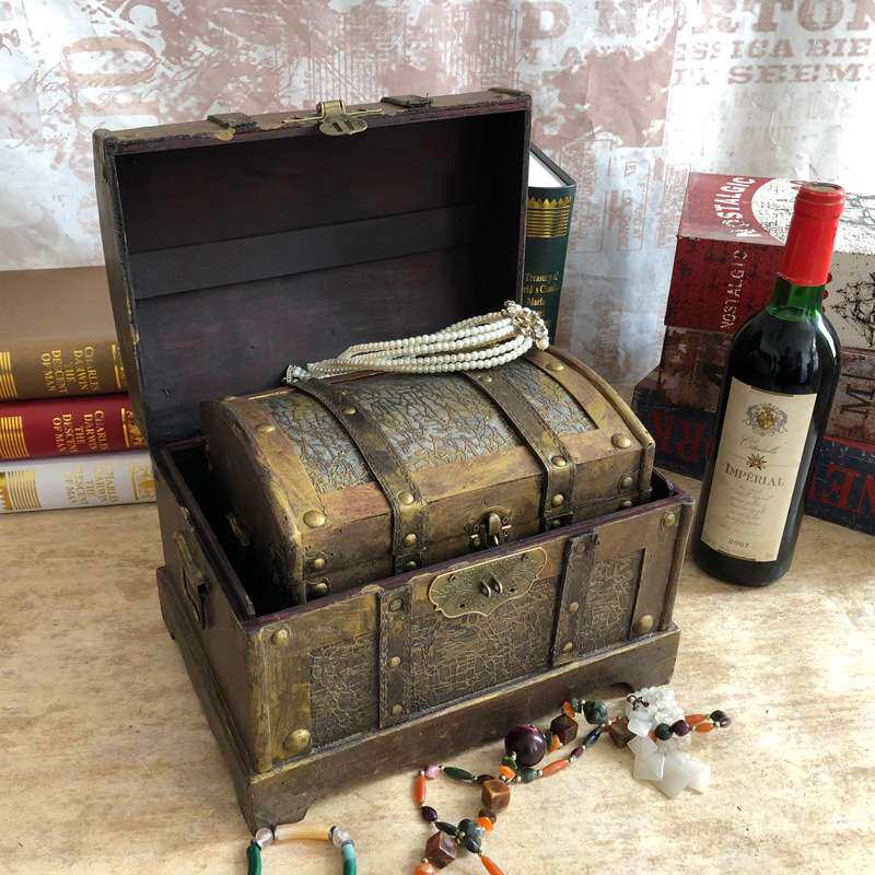 二件套仿古做旧金色藏宝箱海盗箱配锁木质古典复古收纳老式储物箱