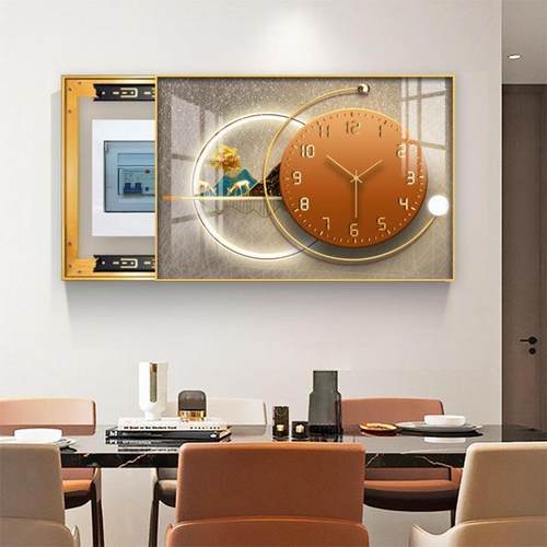 现代轻奢电表箱装饰画带钟表免打孔电闸箱挂钟遮挡客厅配电箱挂画