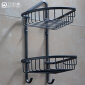 雅黑色全铜三角架浴室连体双层单面安装 转角架卫生间置物架免打孔
