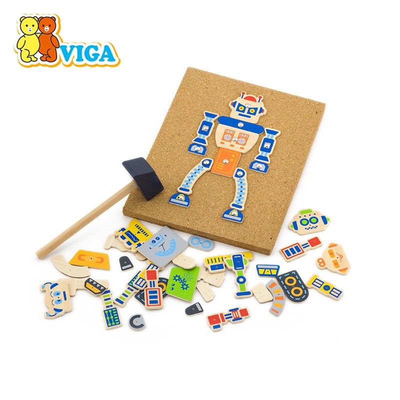 VIGA唯嘉锤子画匠机器人儿童益智手工创意木质软木钉工程车游戏