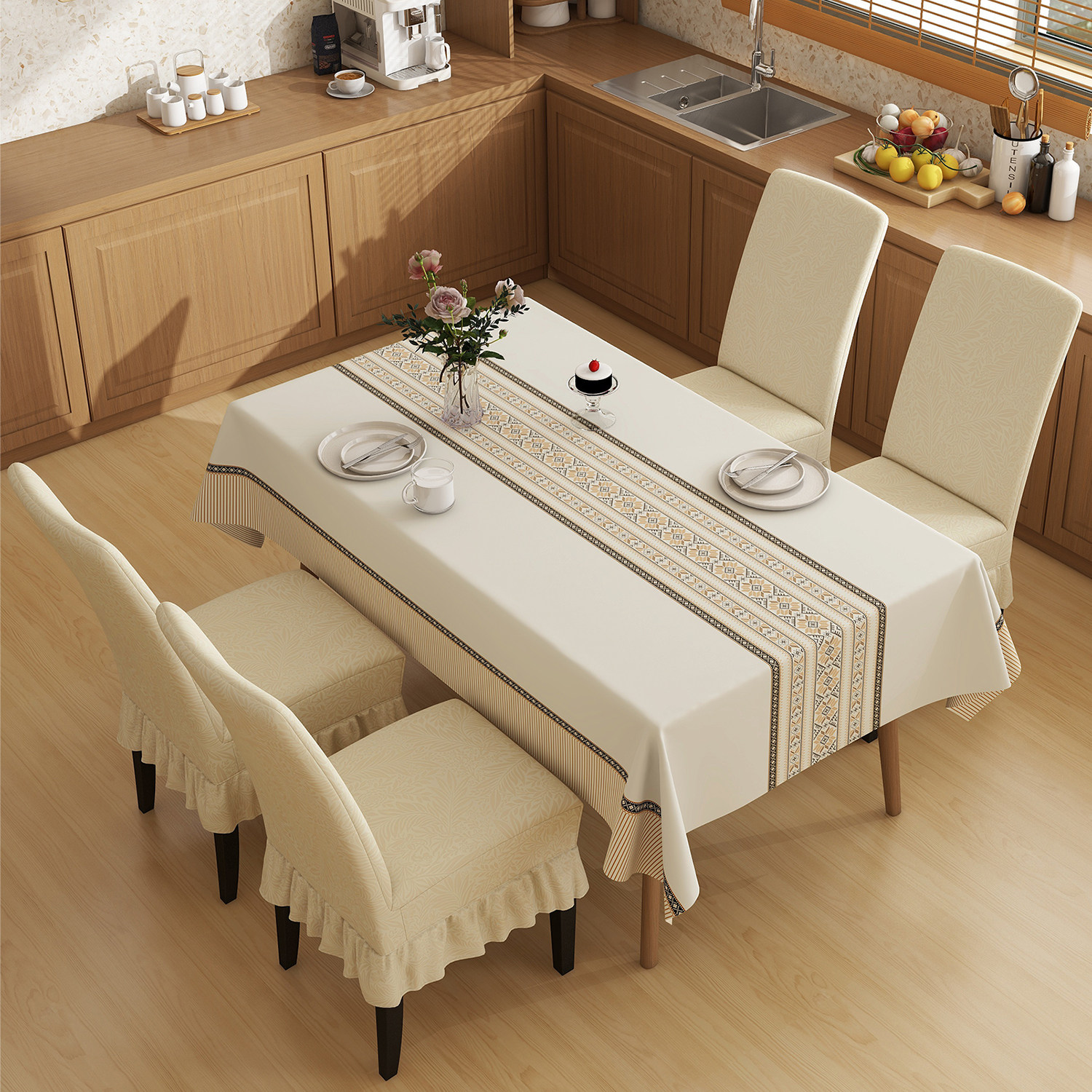 桌布椅子套套装防水防油免洗餐桌布加厚高弹力一体全包餐椅套罩子