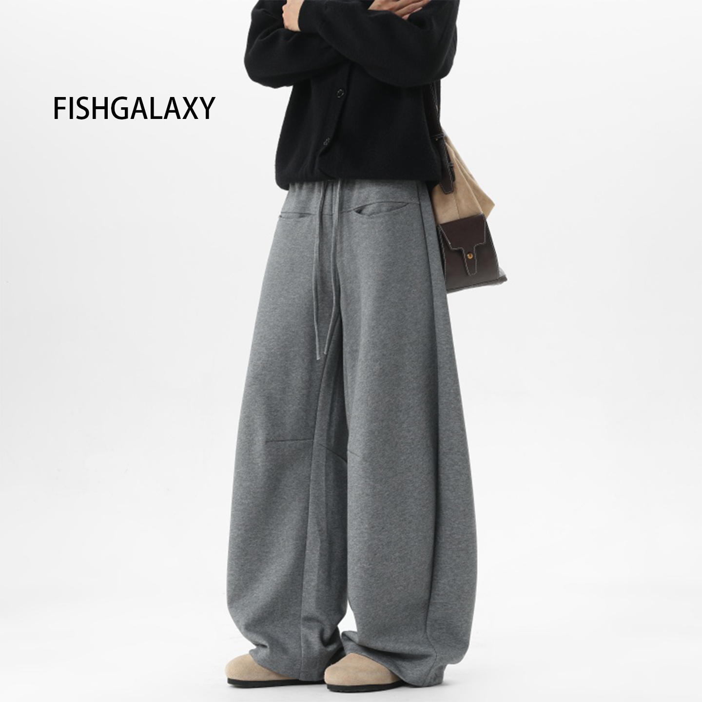 FISHGALAXY美式运动卫裤男女复古弯刀垂感裤子高街拼接宽松阔腿裤