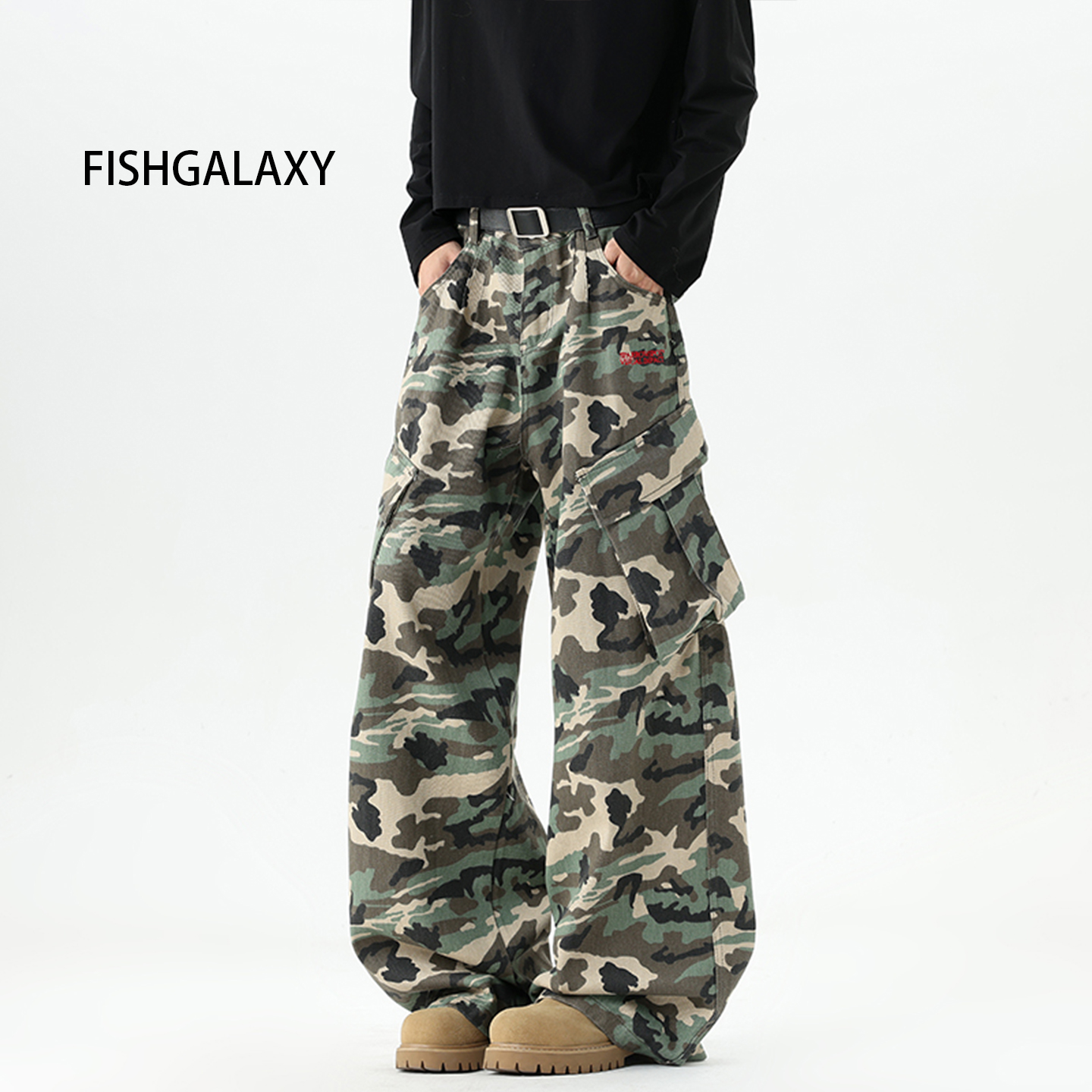 FISHGALAXY美式vibe多口袋迷彩裤复古设计感工装裤高街潮牌休闲裤