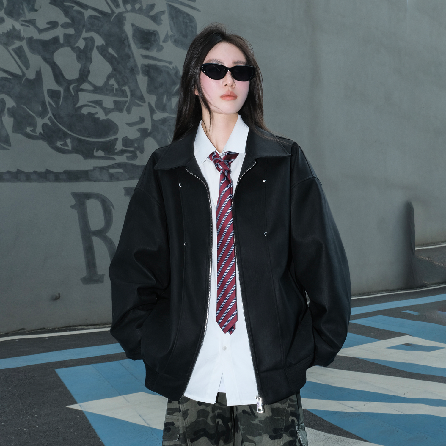 FISHGALAXY美式机能风PU软皮皮衣外套秋冬季情侣百搭宽松机车夹克