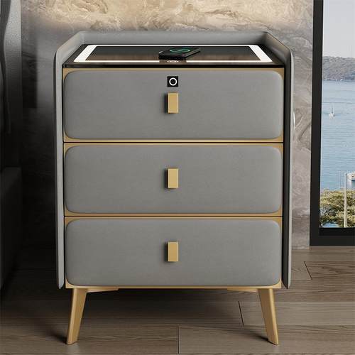 智能床头柜实木三层抽屉皮质现代轻奢带锁多功能时尚柜子收纳柜