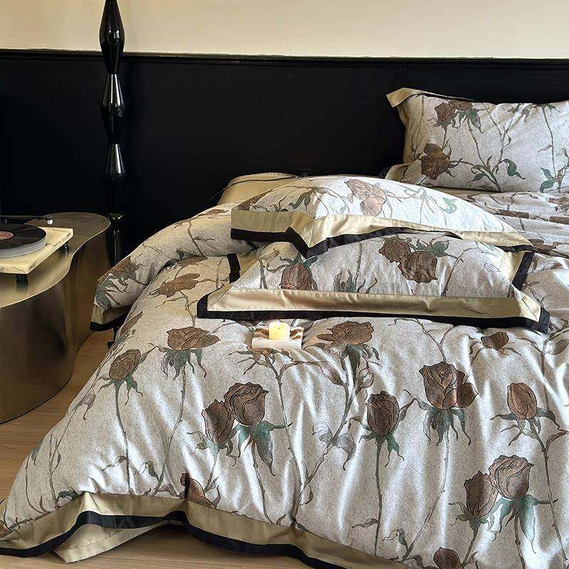 北欧风情复古印花100s长绒棉四件套全棉轻奢玫瑰床单被套床上用品