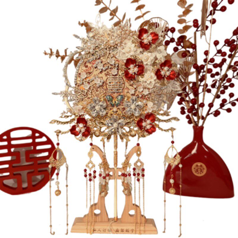 新娘团扇高级古风结婚出嫁手工diy材料包双面成品喜扇中式秀禾服