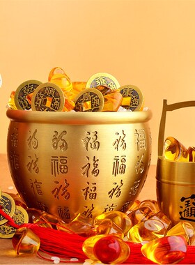招财进宝百福铜缸聚宝盆纯黄铜米缸客厅摆件家居聚财小铜盆存钱罐