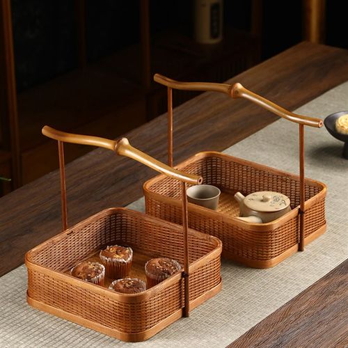 竹制品手工竹编复古茶具收纳筐点心篮中式家用整理篮手提篮干果盘