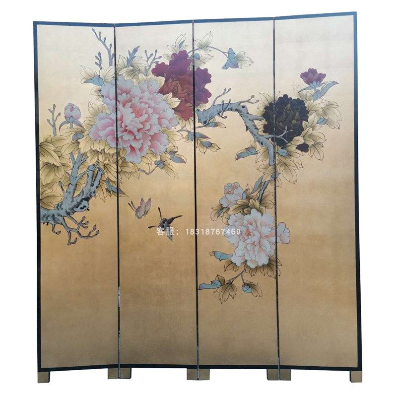 新中式纯手绘屏风隔断做旧荷花漆画酒店客厅背景墙装饰移动折屏