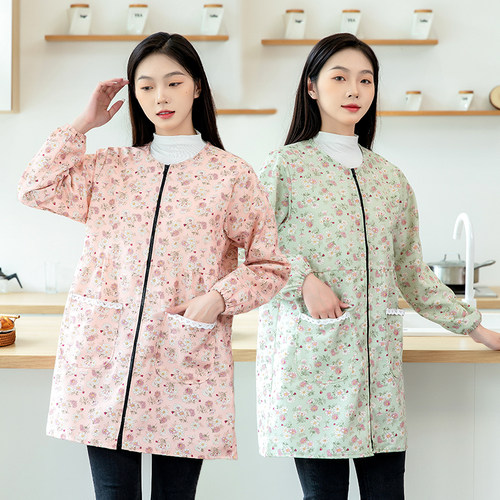 长袖时尚女罩衣大人新款围裙厨房做饭家用外穿透气圆领薄款工作服