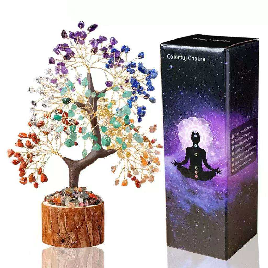 天然水晶树碎石发财树原木底座 七彩生命树 家居办公室桌面摆件