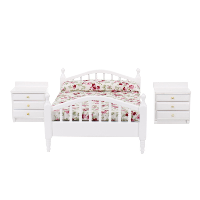 DollHouse娃娃屋BJD微缩模型OB11迷你家具卧室欧式木质布艺双人床