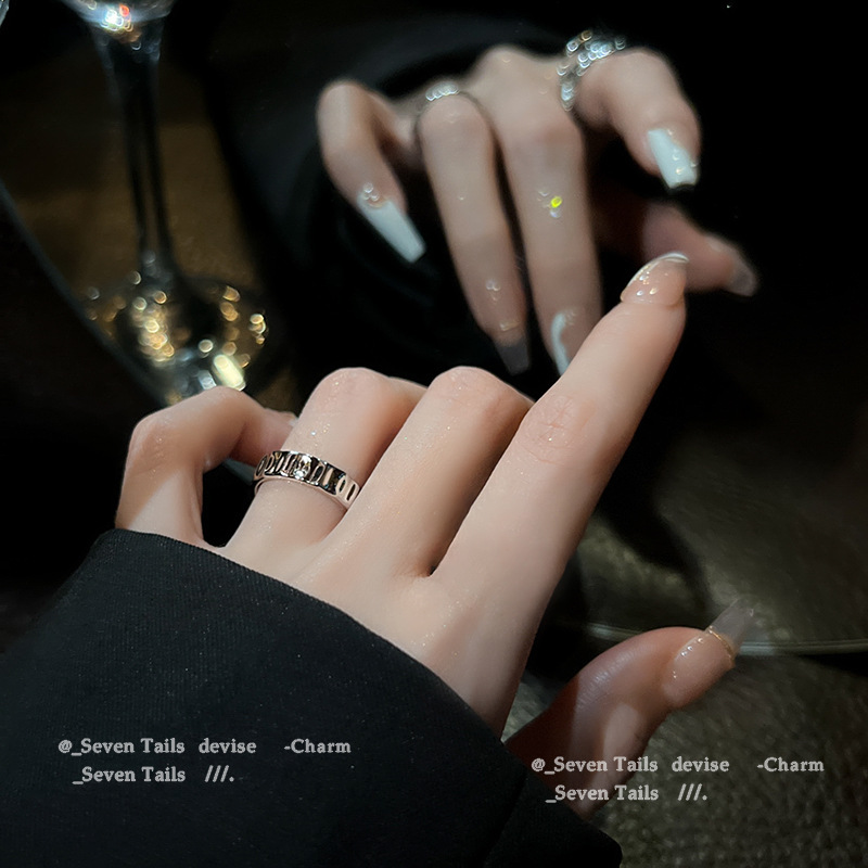 黑色方块锆石戒指女几何简约冷淡风凹凸FS925银开口指环嘻哈食指