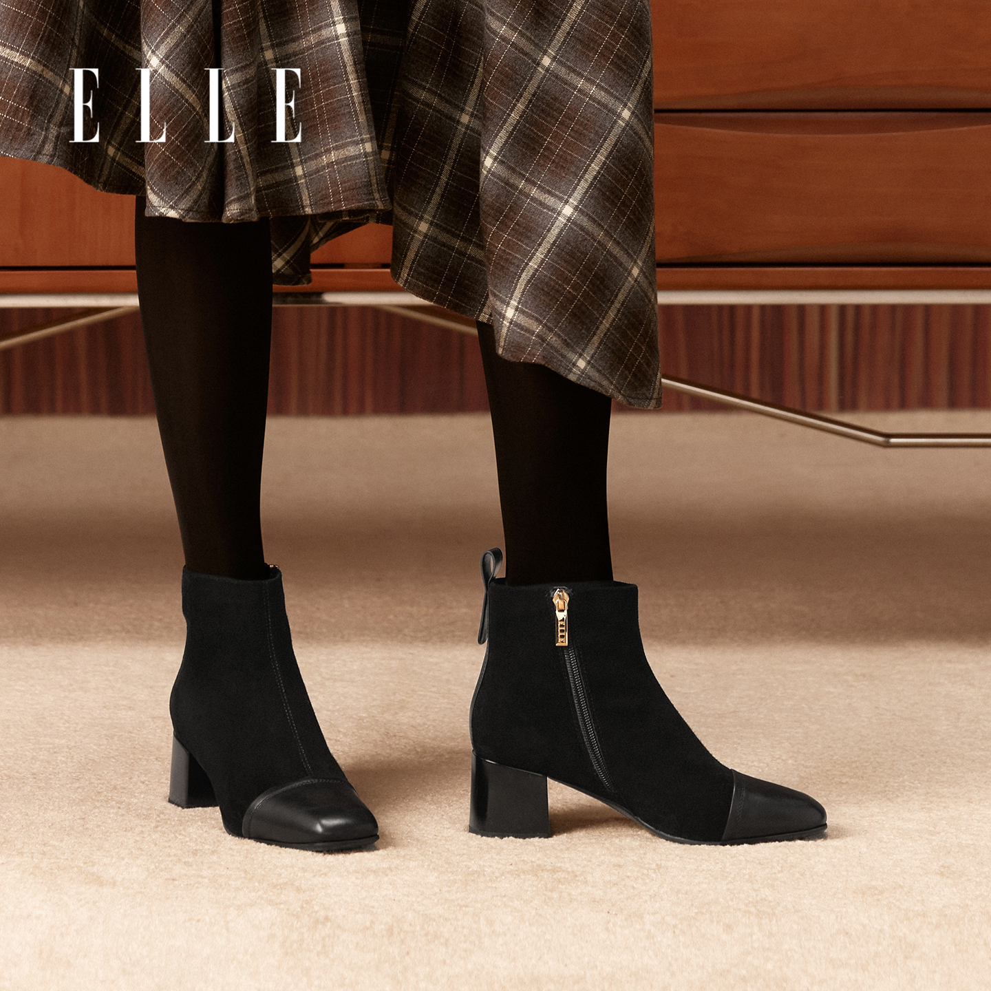 ELLE方头高跟短靴女款2025新款冬季巨好看的靴子粗跟马丁靴不累脚