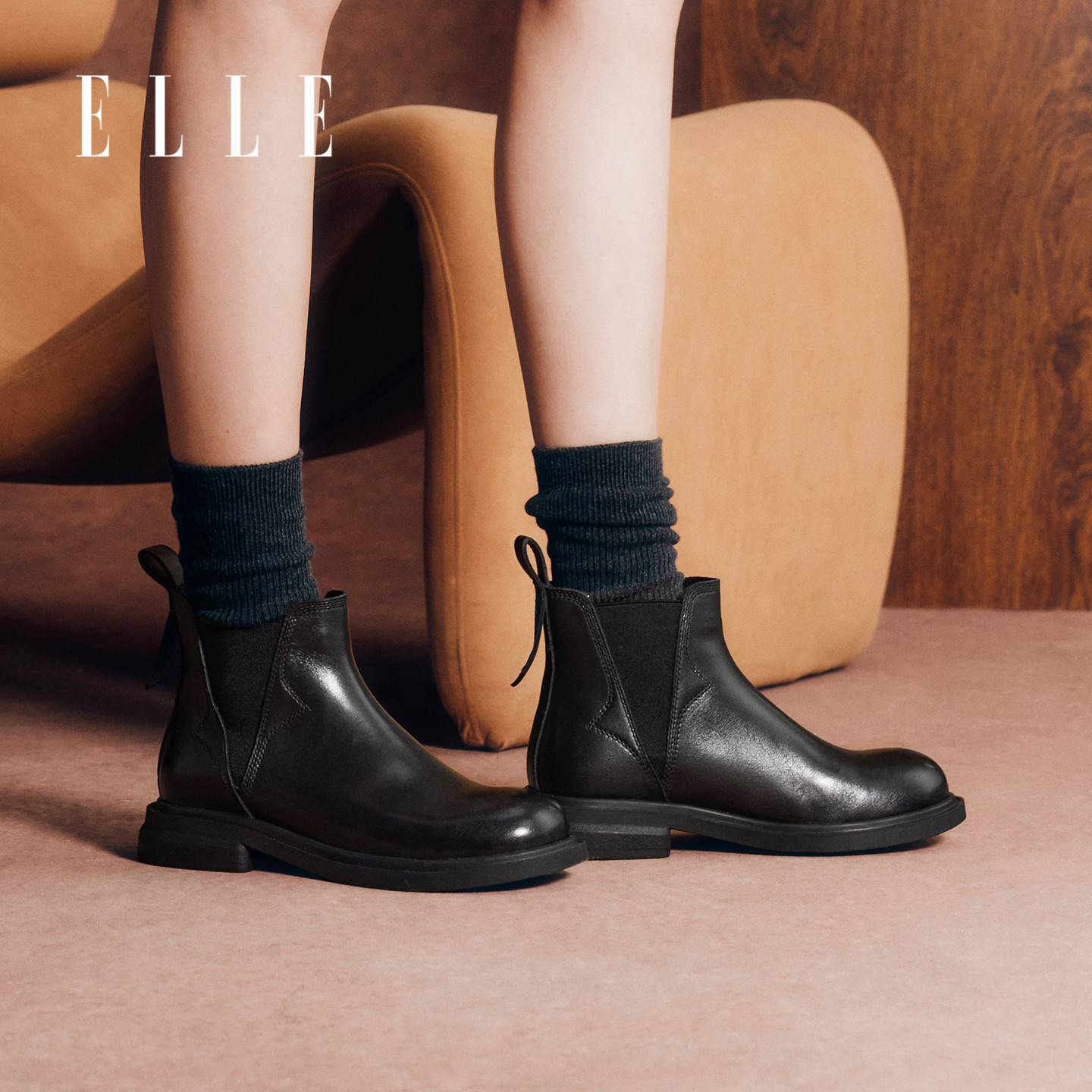 ELLE黑色真皮女士切尔西靴2025新款秋季复古平跟短靴单靴软底皮靴