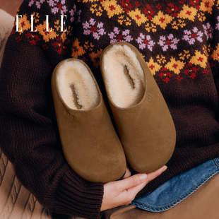 ELLE厚底勃肯鞋加绒女鞋冬2025新款棉鞋毛绒保暖雪地靴毛毛鞋单鞋