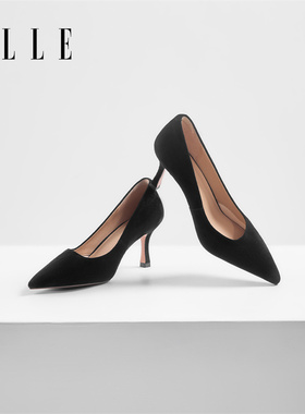 ELLE黑色尖头细跟高跟鞋女2025新款通勤百搭工作鞋