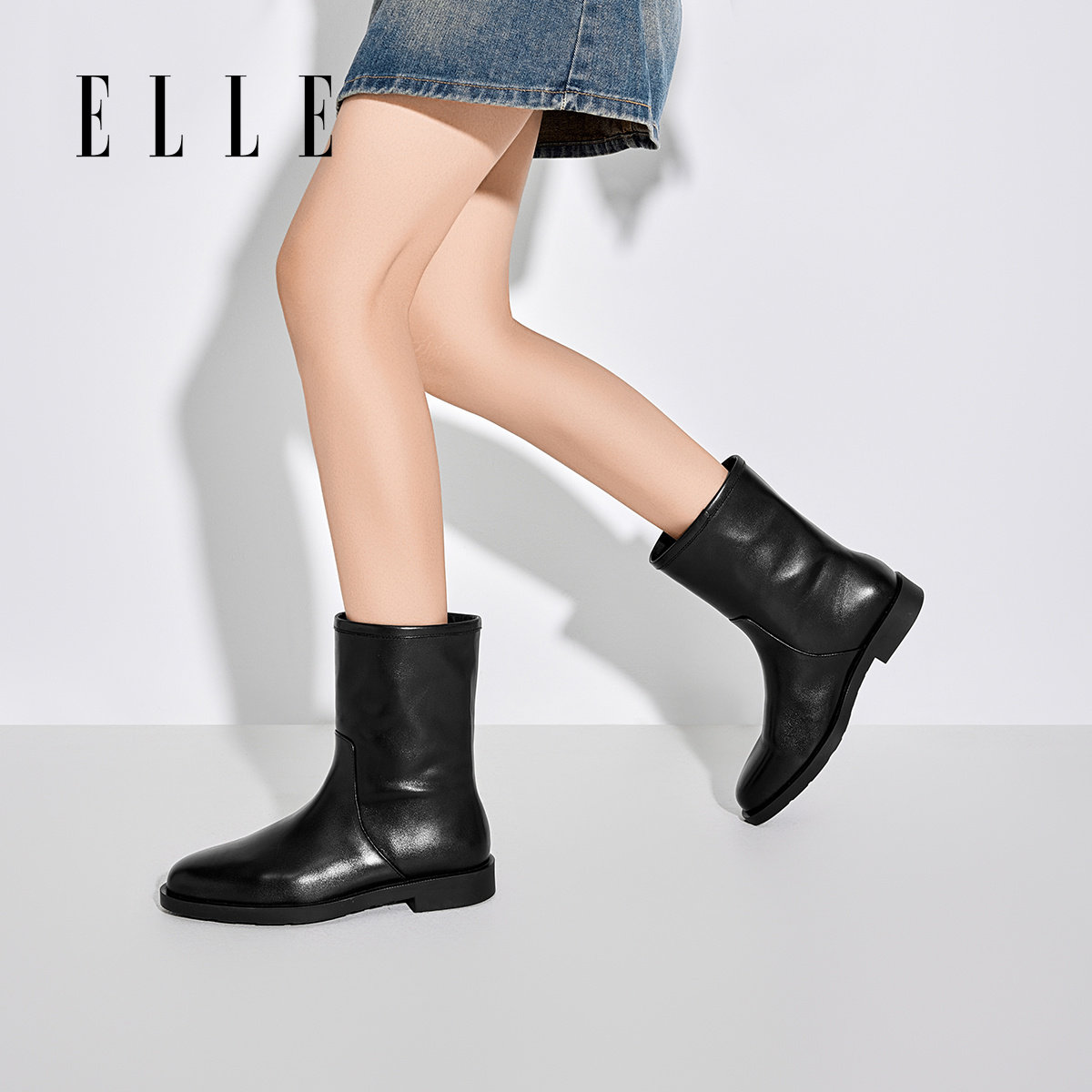 ELLE黑色英伦风短靴女靴新款冬季真皮女士加绒平底切尔西靴子图片