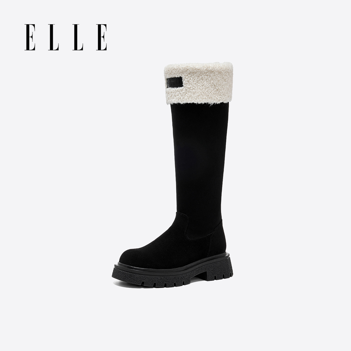 ELLE皮毛一体雪地靴女款2025新款冬季黑色加绒长筒毛毛靴厚底长靴