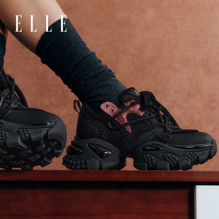ELLE黑色厚底老爹鞋女款2025新款秋季女鞋巨好看不累脚鞋子松糕鞋