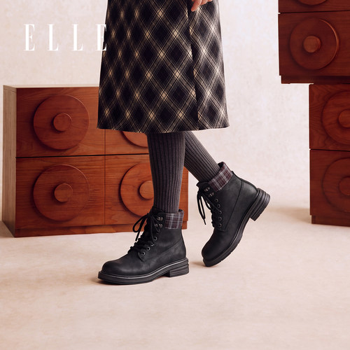 ELLE小个子马丁靴女士2026新款英伦风秋季厚底系带短靴工装靴
