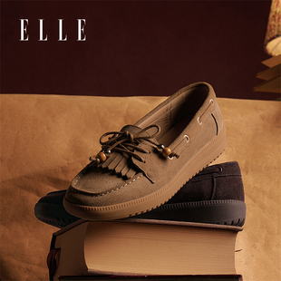 ELLE乐福鞋女真皮软底不累脚2025新款秋冬女鞋一脚蹬豆豆鞋小皮鞋