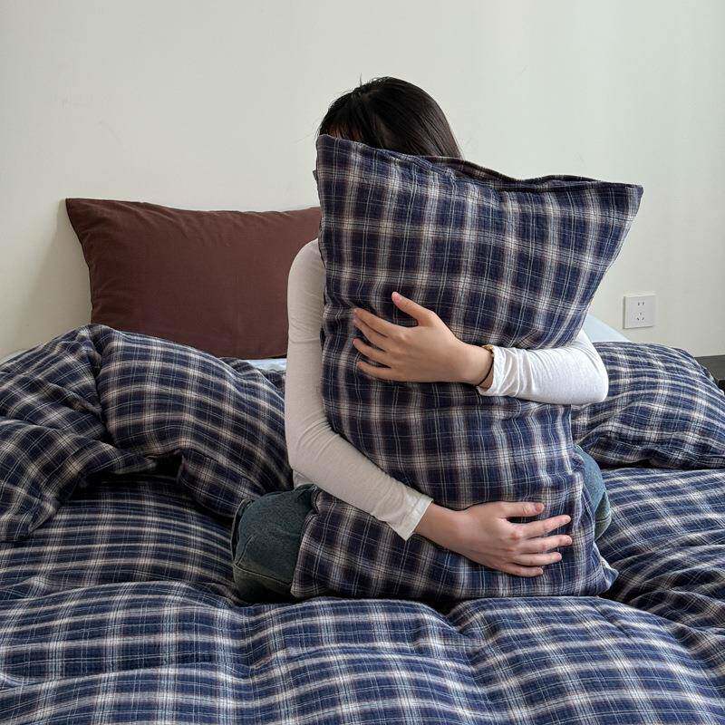 A类全棉三层皱皱纱四件套简约格子亲肤被套纯棉舒适床单床上用品