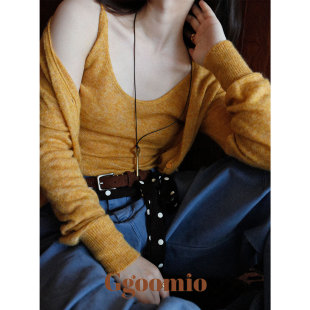 Ggoomio 卡莫金屿 复古花纱姜黄色吊带开衫针织两件套氛围感穿搭