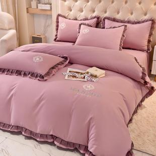 GZ6M韩式 轻奢裸睡床裙四件套纯棉刺绣少女心柔软亲肤床单被套