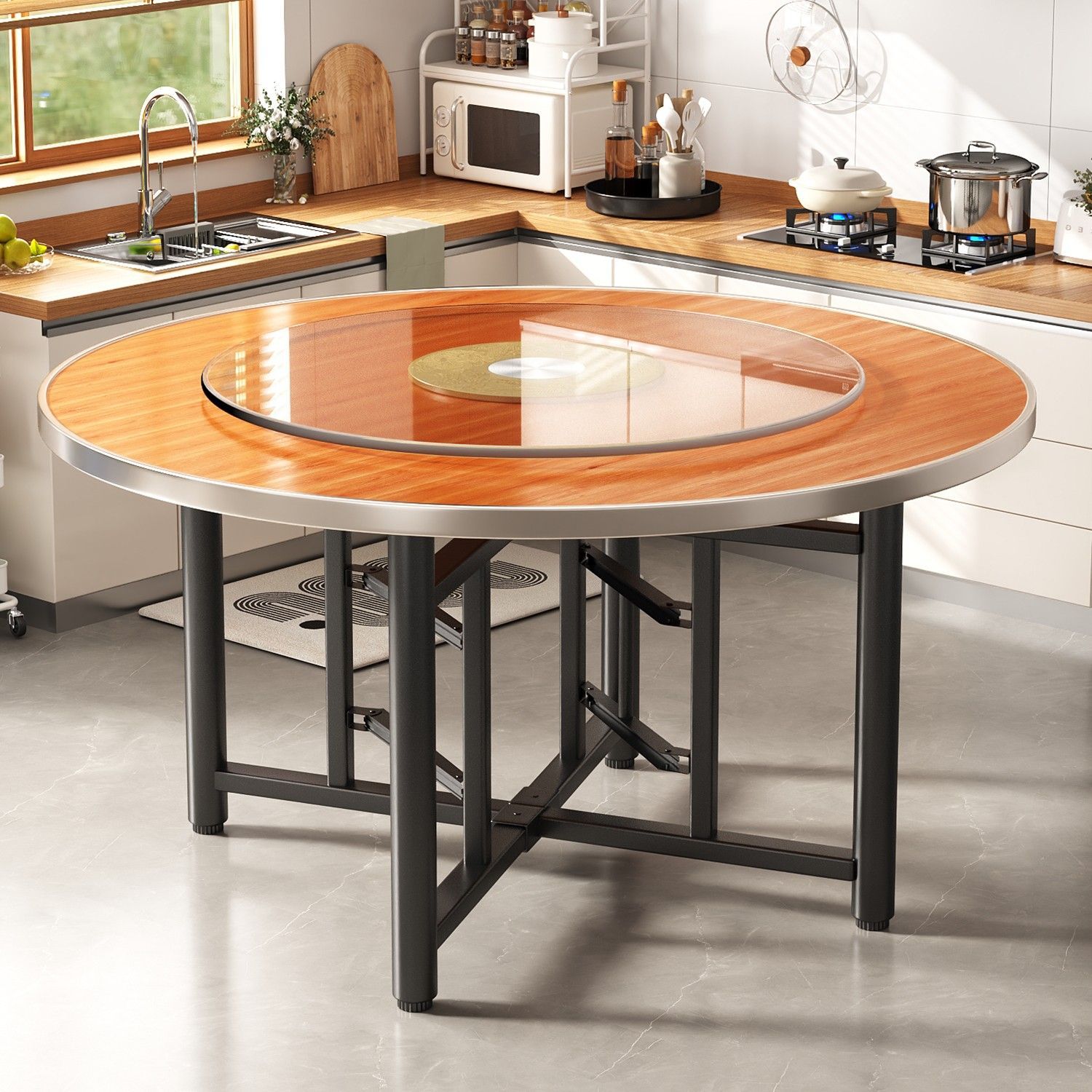 加厚圆桌餐桌折叠实木桌子圆形转盘家用可折叠酒店台面杉木圆桌面