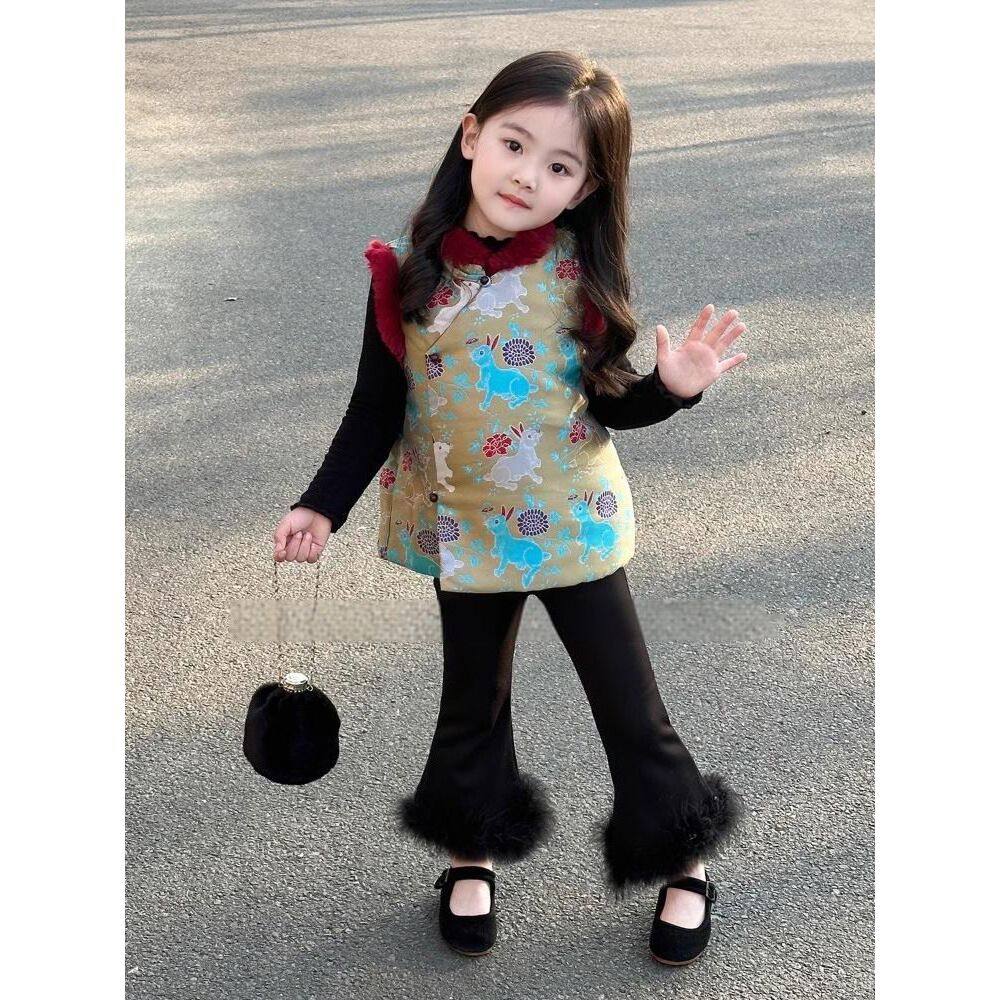 蛇年拜年服女童国风新中式提花马甲冬装儿童夹棉背心唐装旗袍上衣