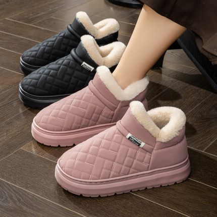 男女冬新款皮面防水包跟棉鞋居家加绒厚底外穿防滑大棉高帮鞋黑色