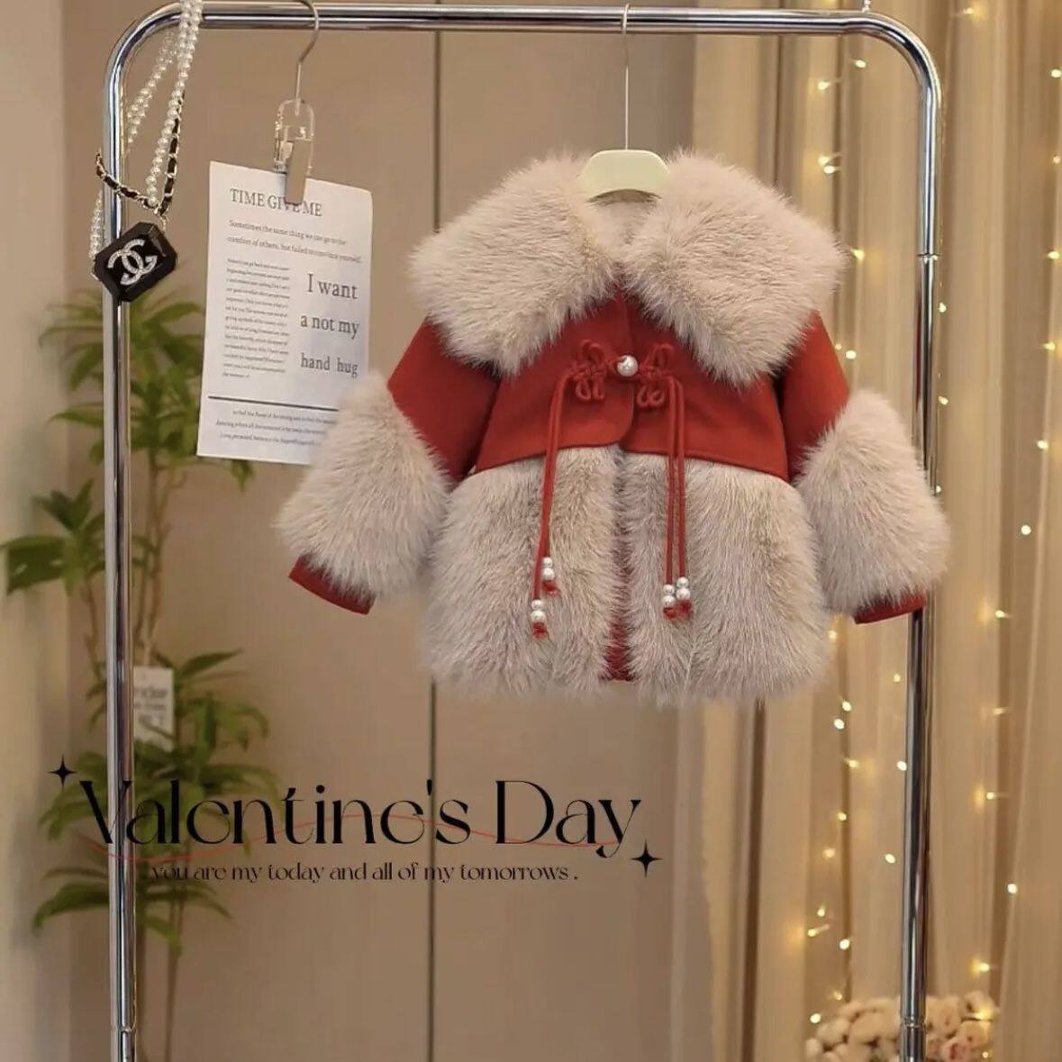 女童拜年服皮草外套冬季新款儿童加绒加厚短款棉衣公主红色过年服